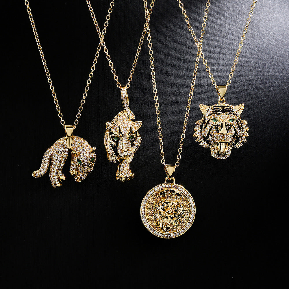 Hip Hop Tiger Leopard Lion Pendant Copper 18K Gold Zircon Animal Necklace