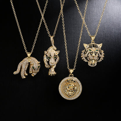 Hip Hop Tiger Leopard Lion Pendant Copper 18K Gold Zircon Animal Necklace
