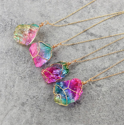 Seven-Color Natural Stone Rough Stone Winding Crystal Pendant Transparent Multi-Color Stone Chain Necklace Necklace