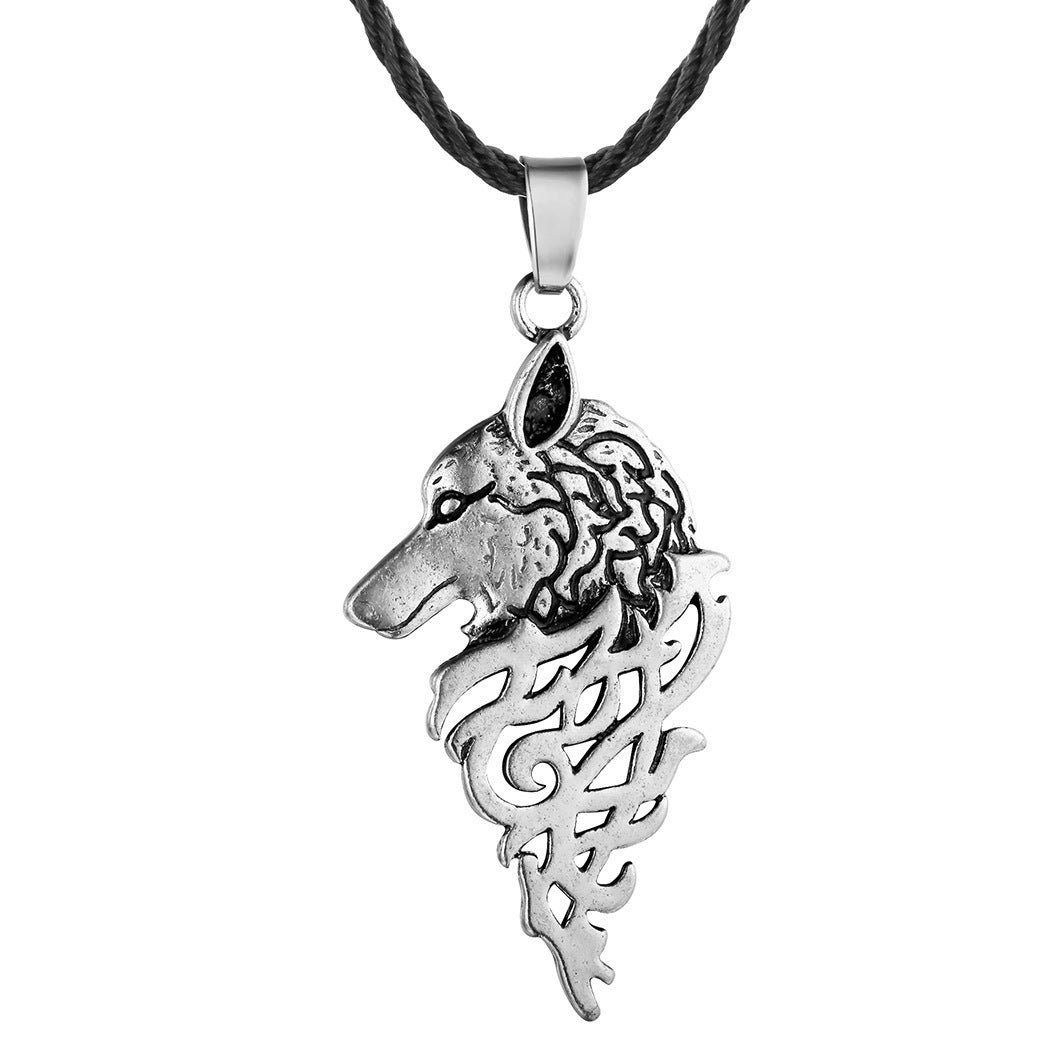 Vintage Ancient Silver Animal Wolf Pendant Necklace
