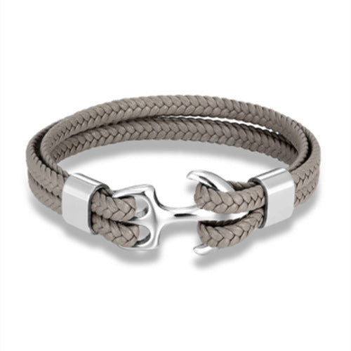 Braided Anchor Stainless Steel Leather Bracelet