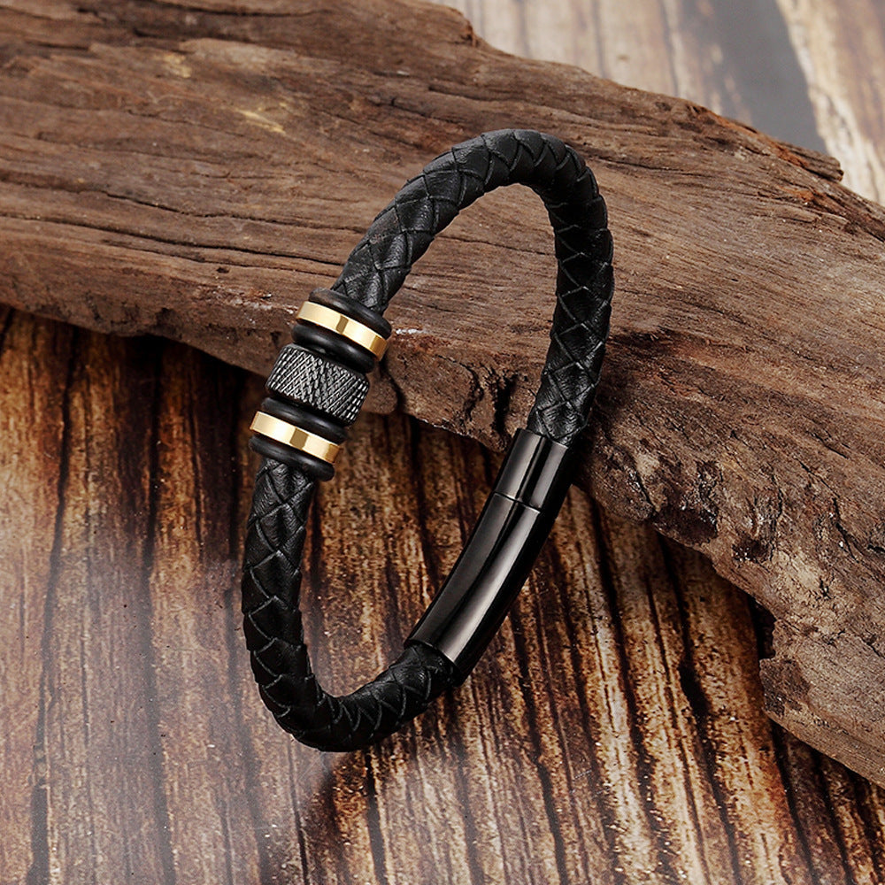 Stainless steel leather braided bracelet