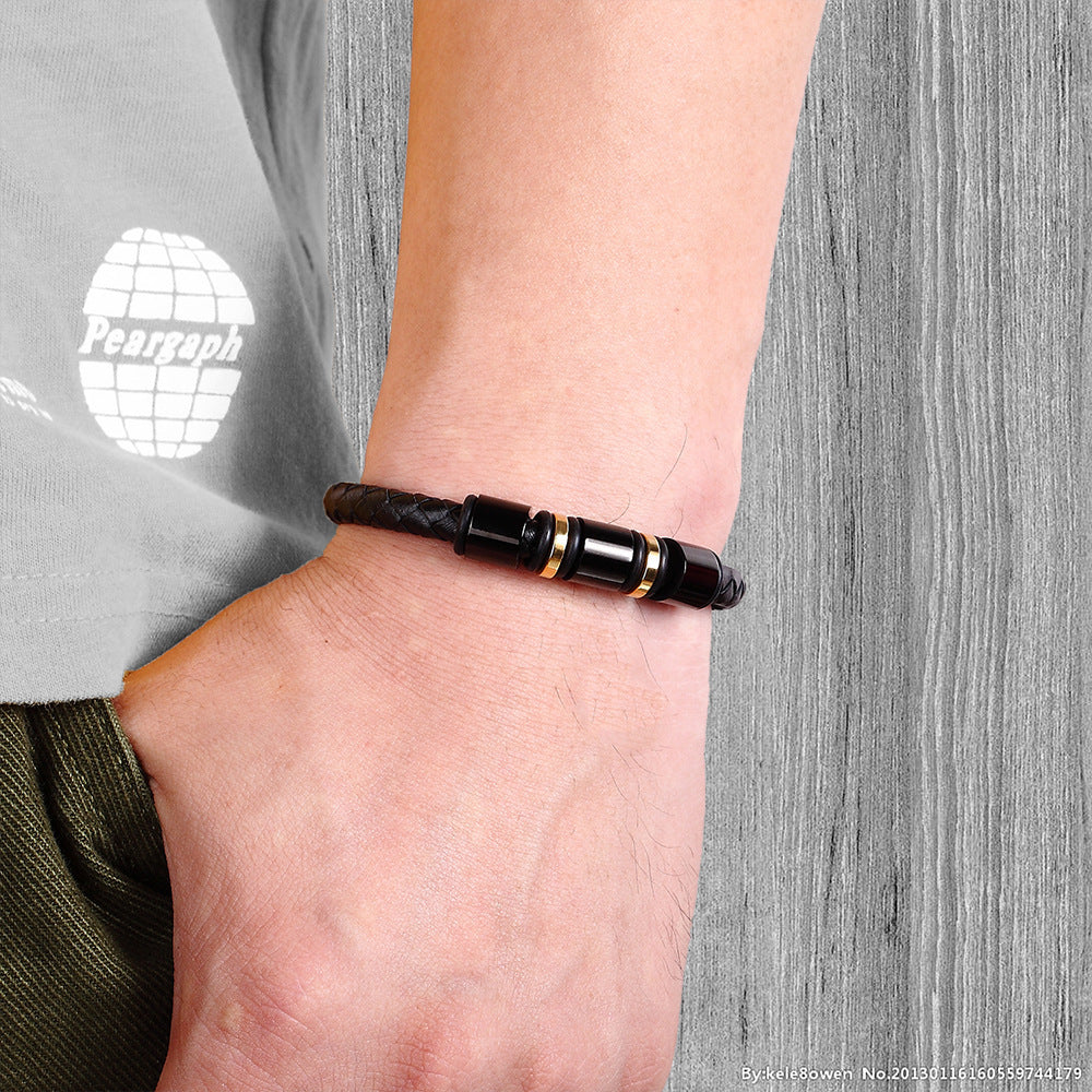 Stainless steel leather braided bracelet