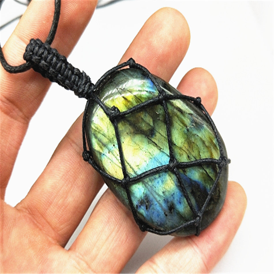 Moonstone Labradorite Rough Stone Woven Pendant Necklace