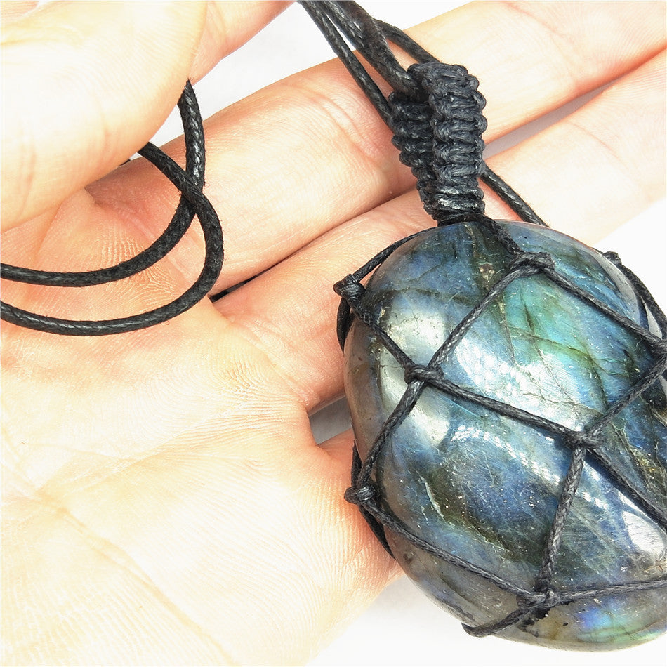 Moonstone Labradorite Rough Stone Woven Pendant Necklace