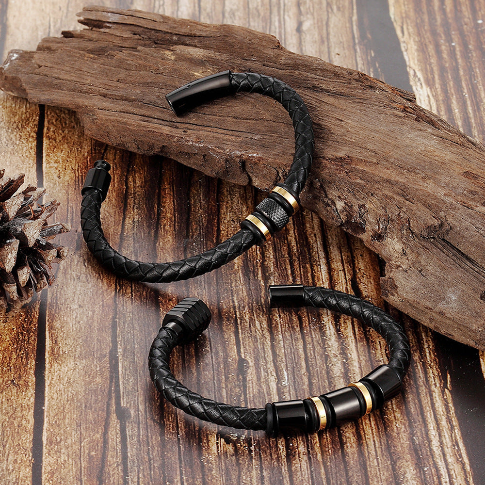 Stainless steel leather braided bracelet