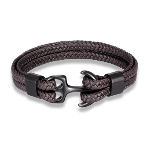 Braided Anchor Stainless Steel Leather Bracelet
