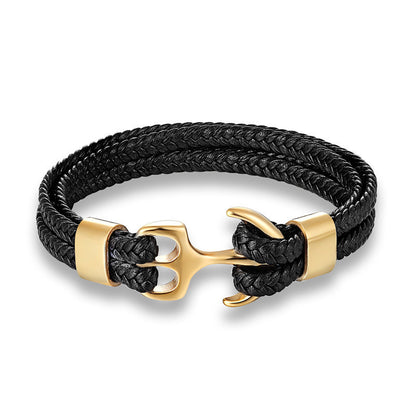 Braided Anchor Stainless Steel Leather Bracelet