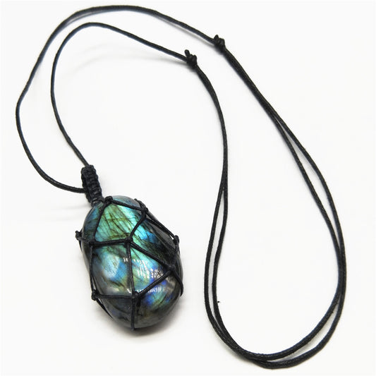 Moonstone Labradorite Rough Stone Woven Pendant Necklace
