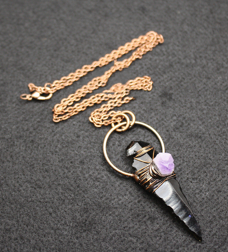 Vintage Personality Obsidian Crystal Rough Pendant Necklace