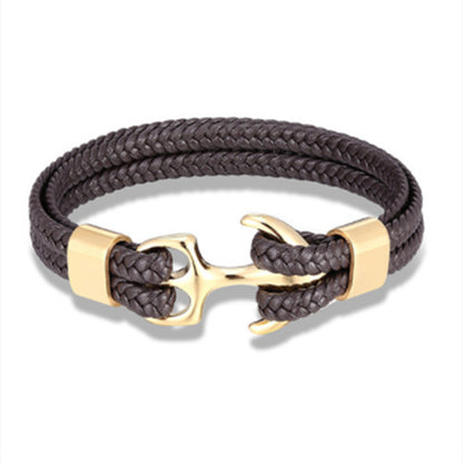 Braided Anchor Stainless Steel Leather Bracelet