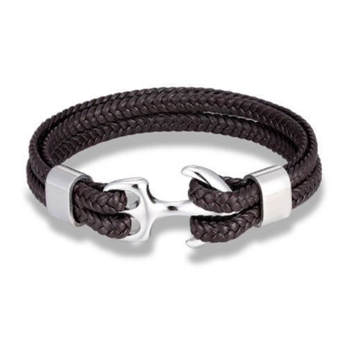Braided Anchor Stainless Steel Leather Bracelet