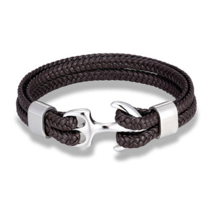 Braided Anchor Stainless Steel Leather Bracelet