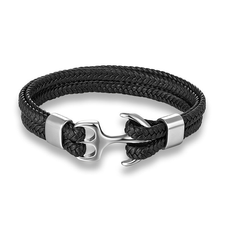 Braided Anchor Stainless Steel Leather Bracelet